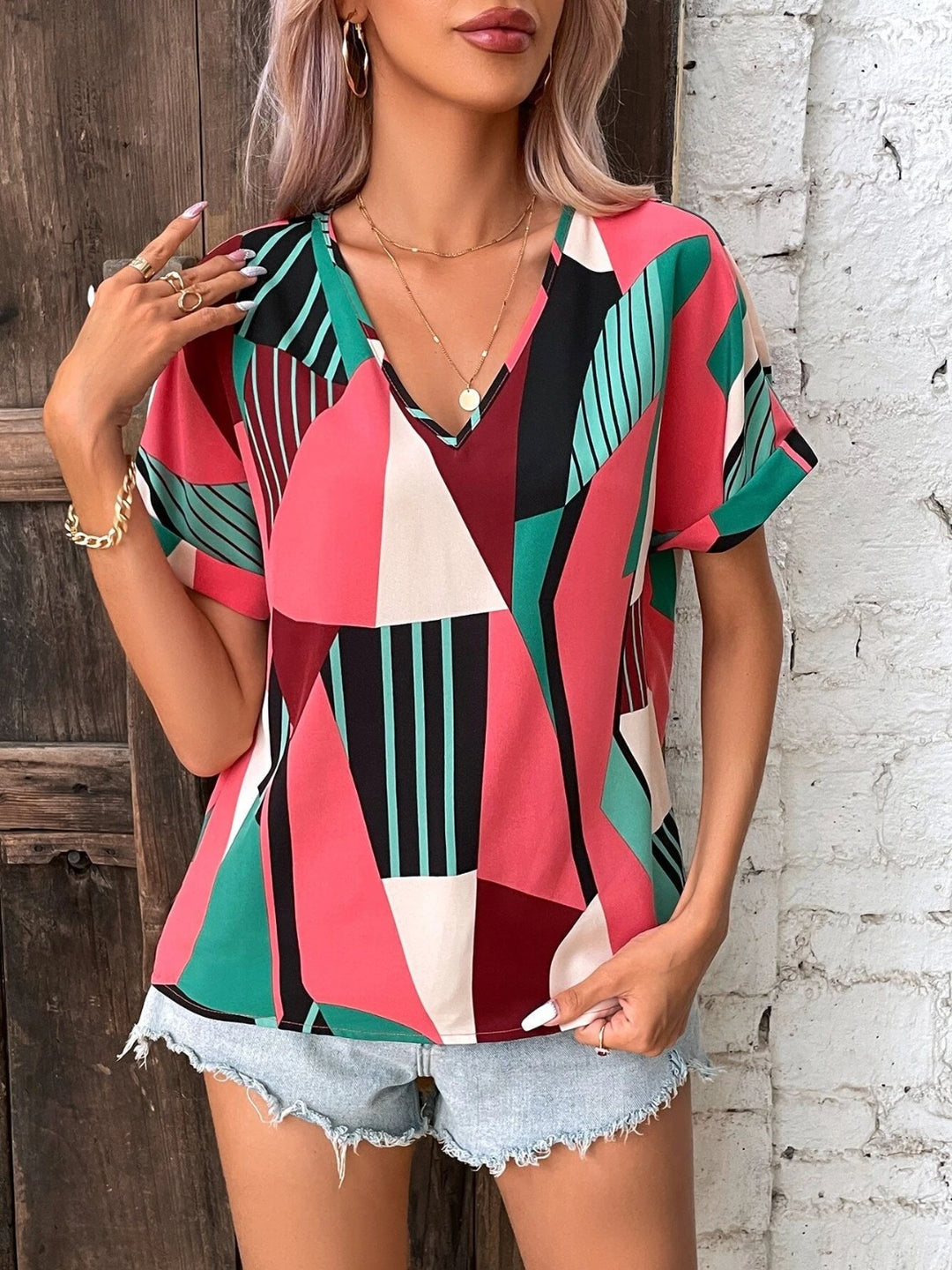 Printed V-Neck Short Sleeve Blouse