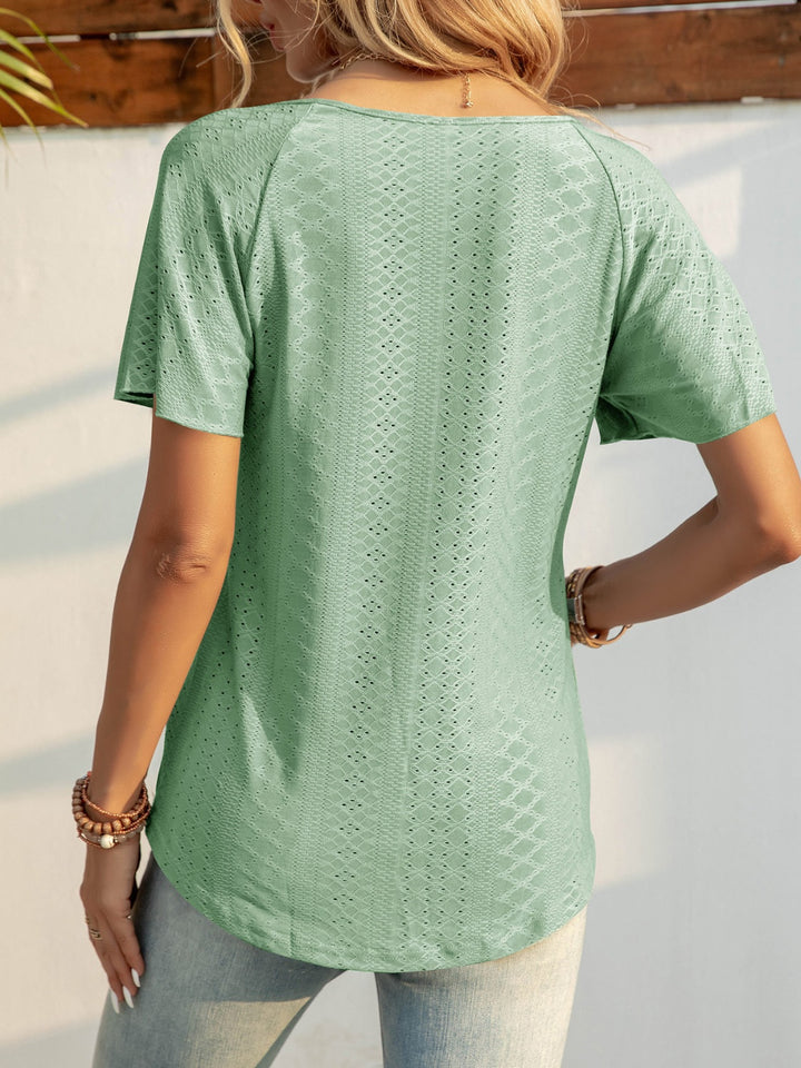 Eyelet Tie Neck Short Sleeve T-Shirt