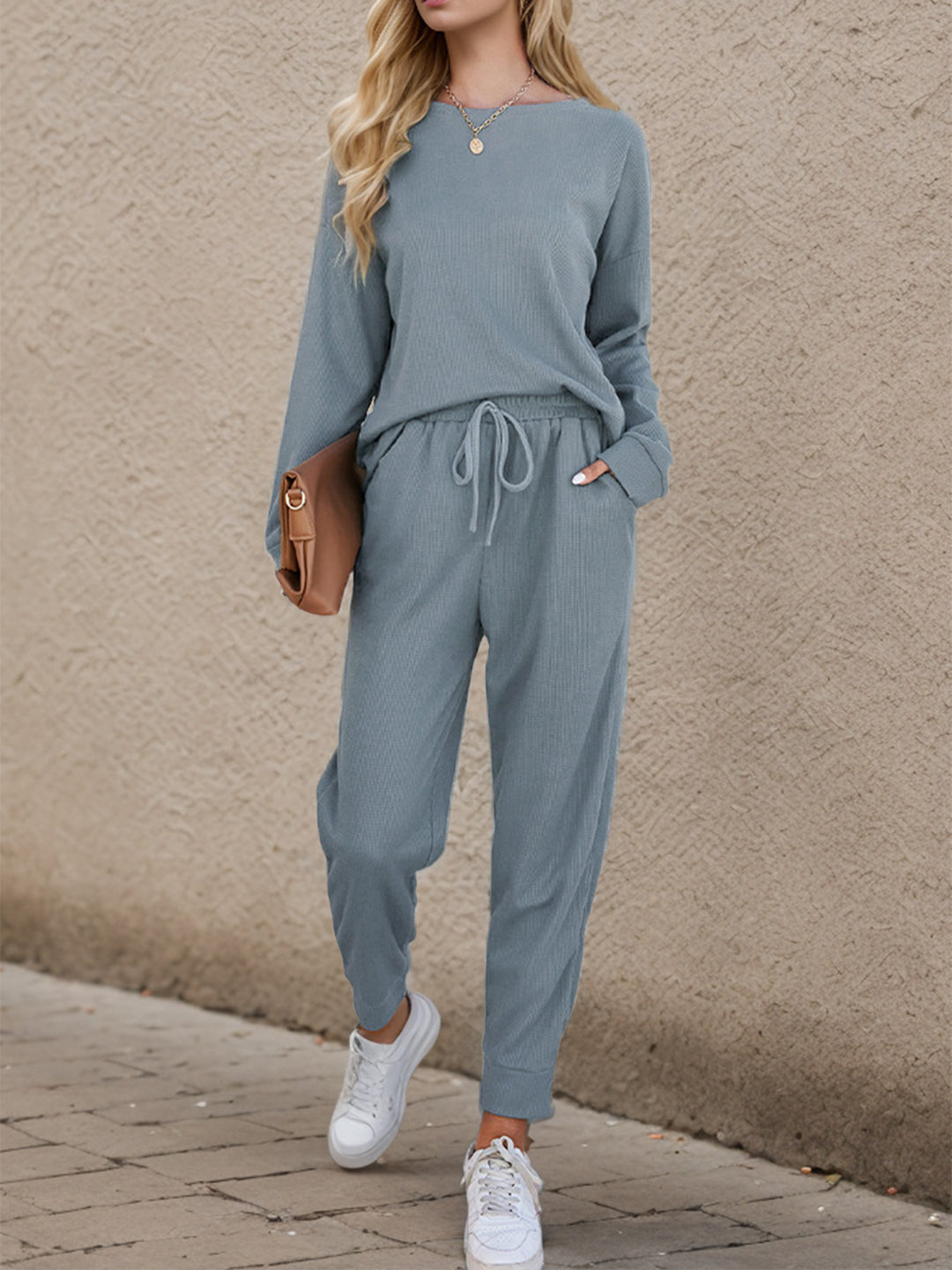 Round Neck Top and Drawstring Pants Set