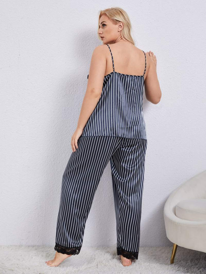 Plus Size Vertical Stripe Lace Trim Cami and Pants Pajama Set