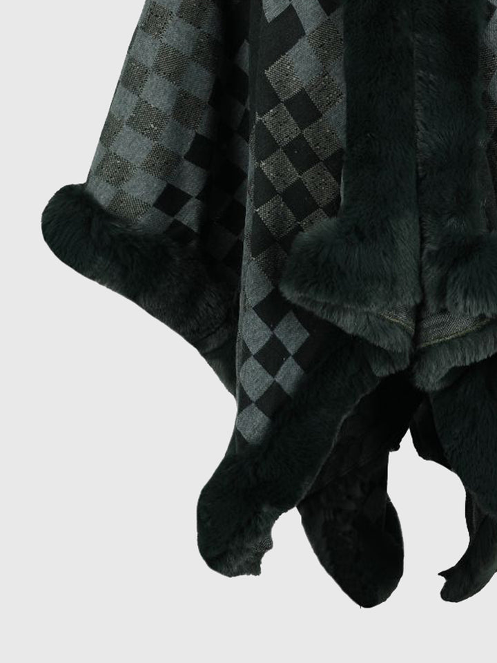 Checkered Faux Fur Trim Poncho